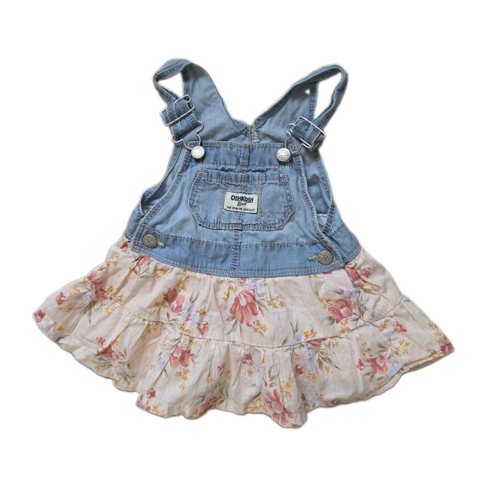 OshKosh B’gosh Baby Denim Floral Overall Skirt Dress Pink Blue Size 6M EUC